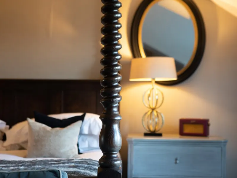 Bedroom with balcony and pool view