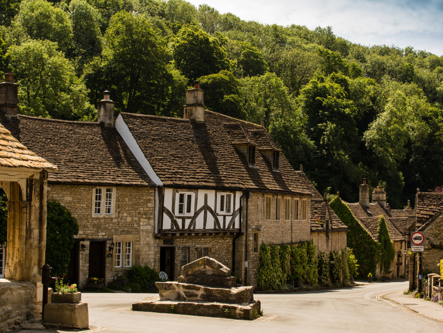 A quaint village street with stone cottages featuring timber frames and ivy-covered walls, nestled against a backdrop of dense green trees under a partly cloudy sky.